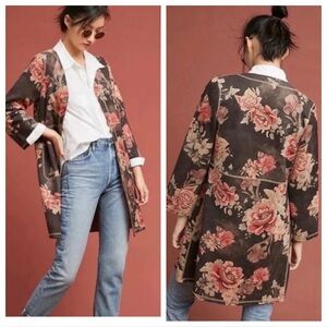 Anthropologie Solitaire Foral Long Faux Suede open Jacket in small